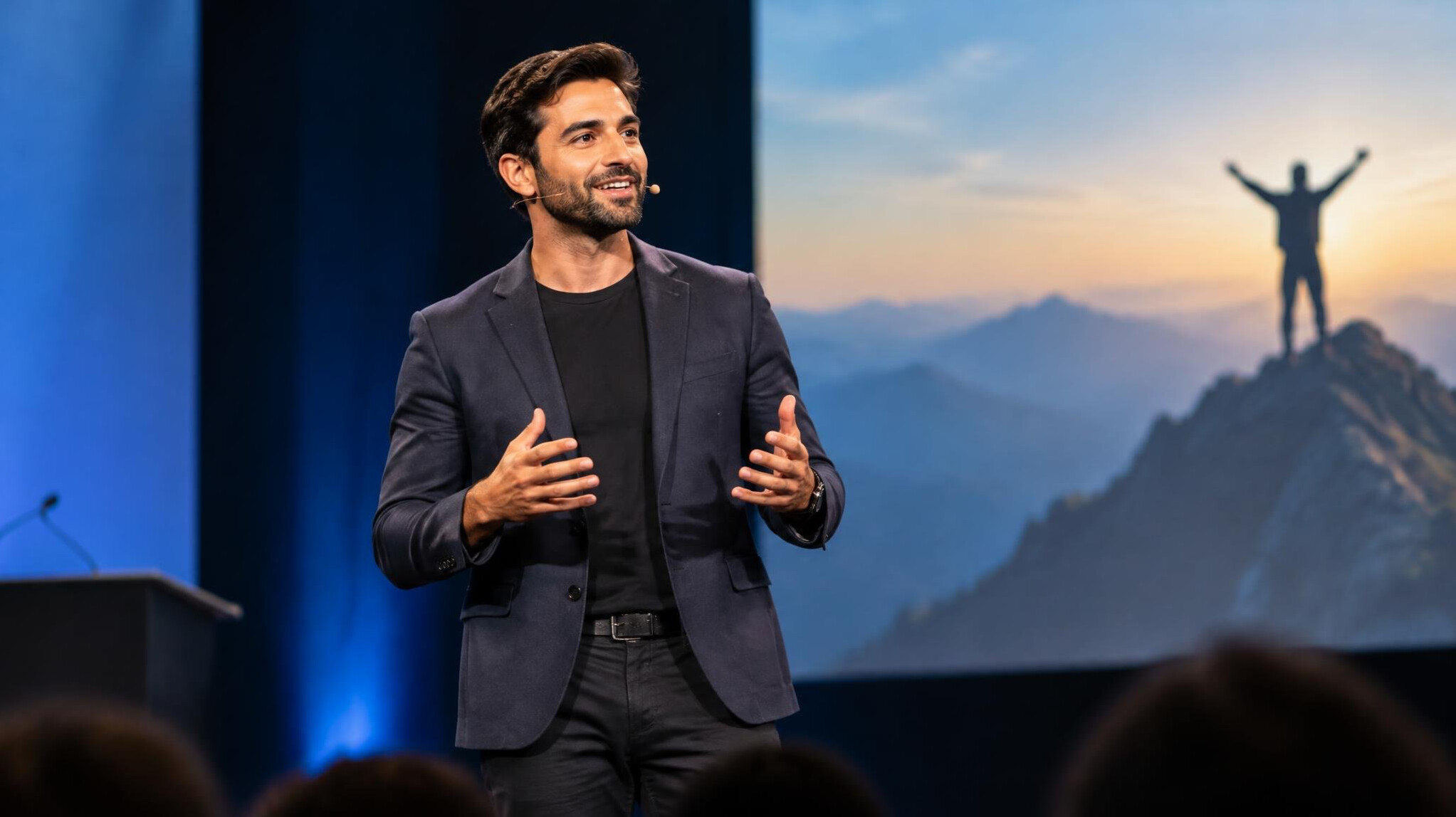 confident speaker on stage
