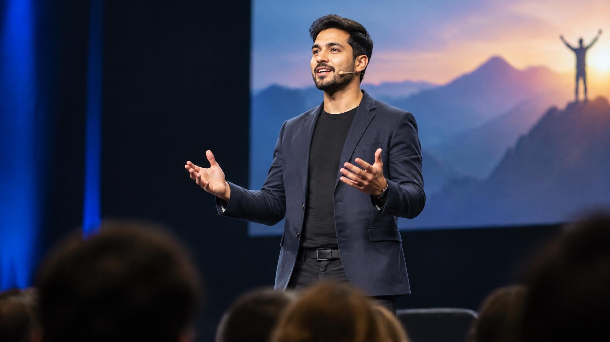 confident speaker on stage