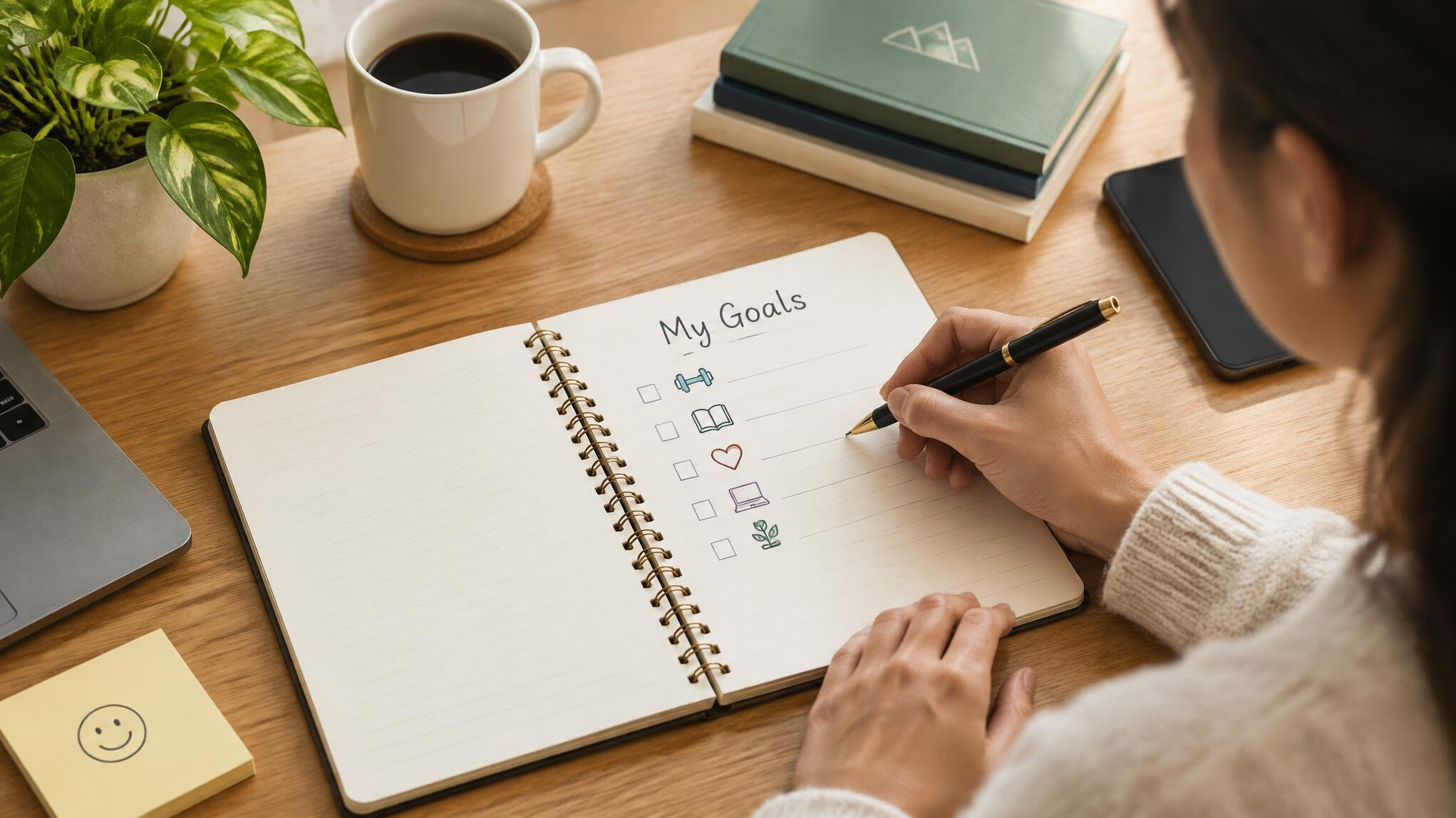 person writing goals in notebook