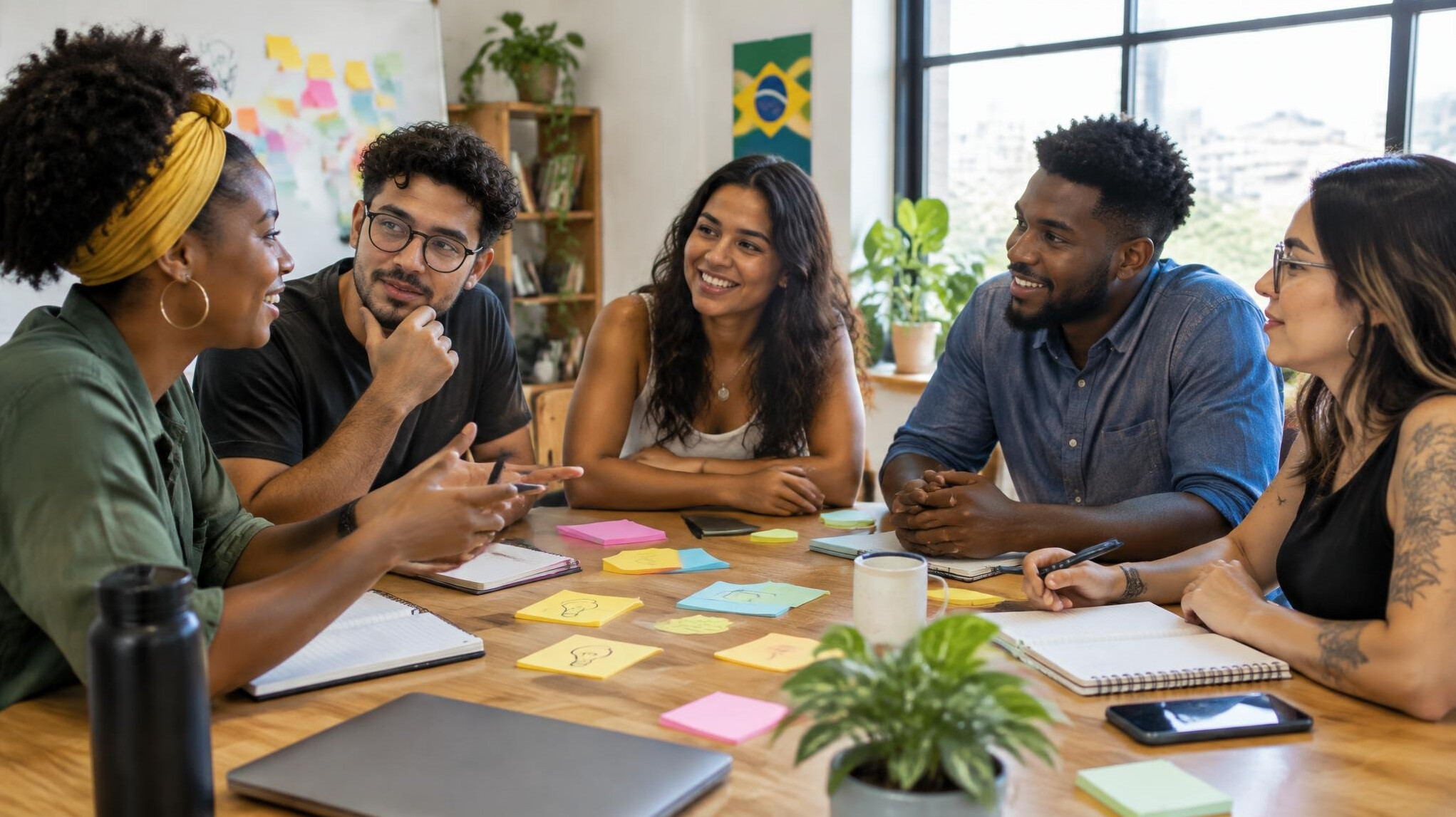 Team meeting around a table with notes