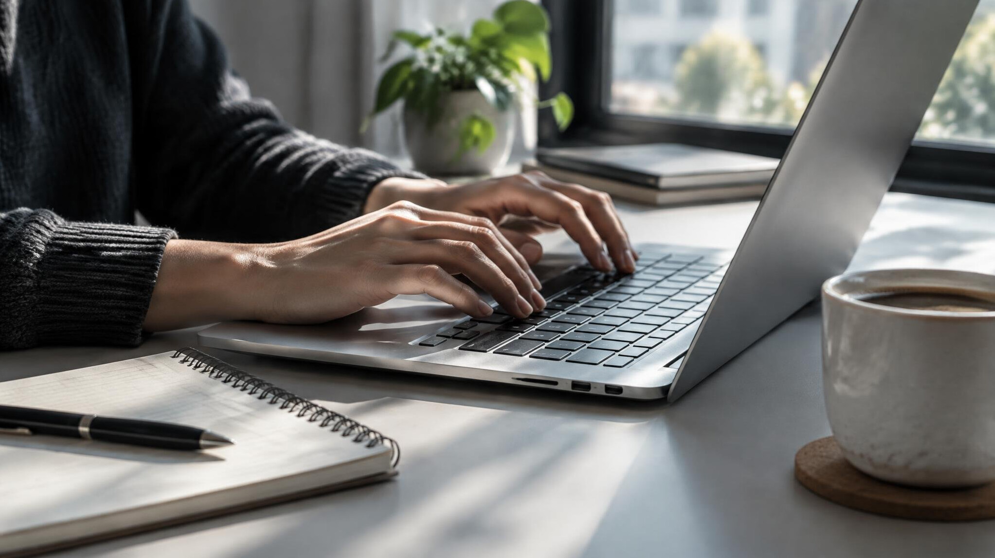 Hands typing on a laptop on a desk with documents