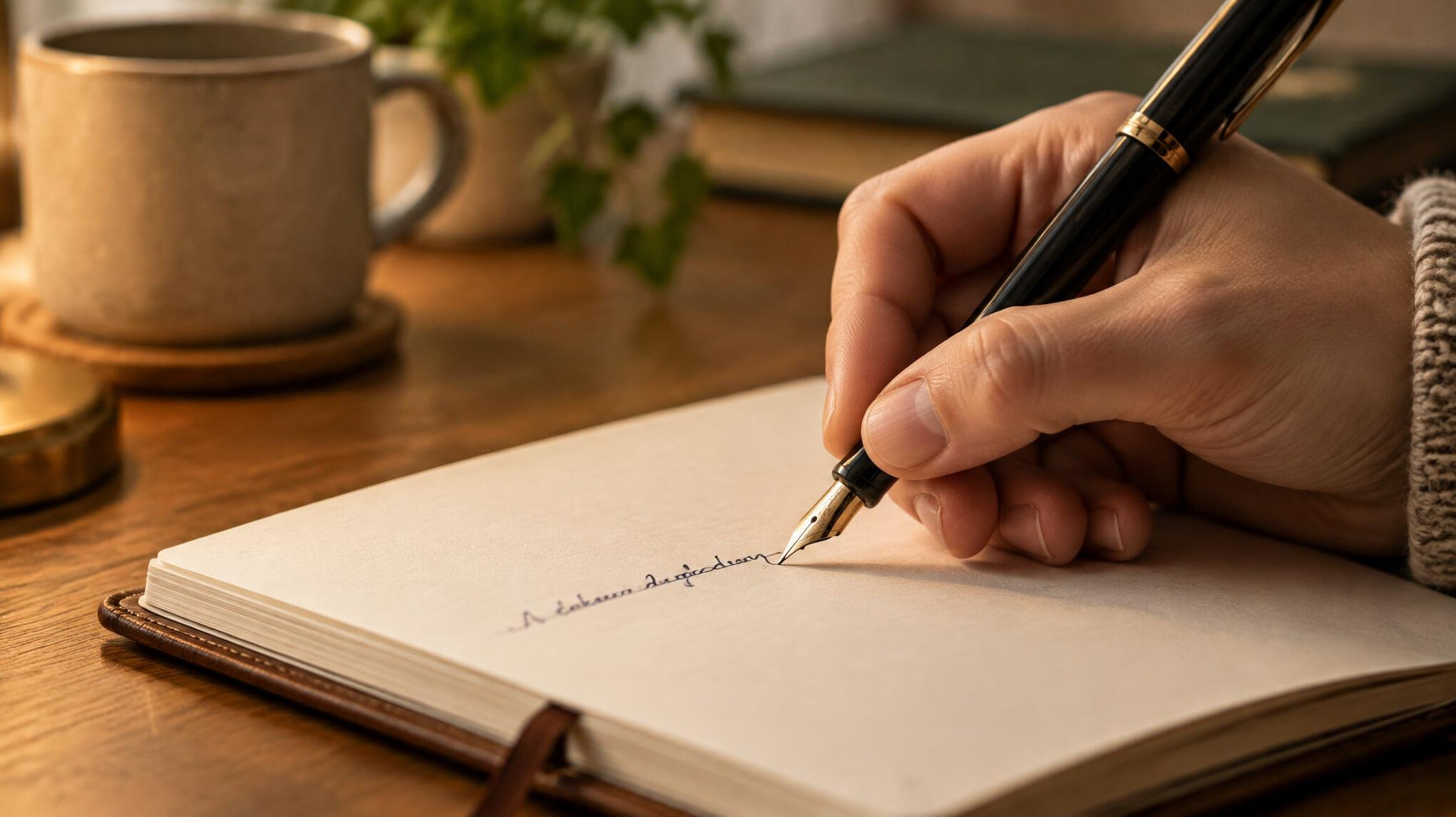 Hand writing in a notebook with a pen