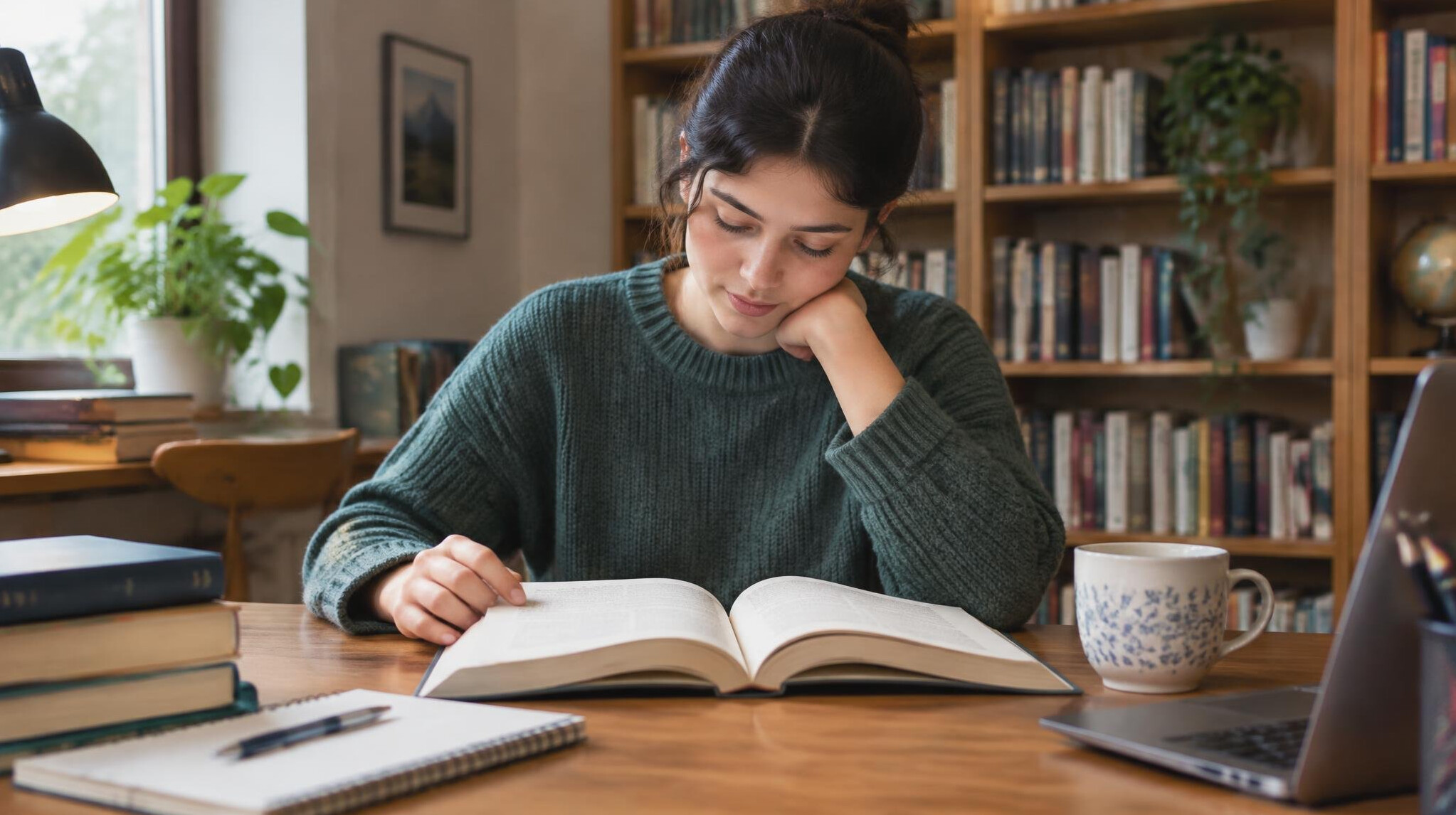woman reading book at home