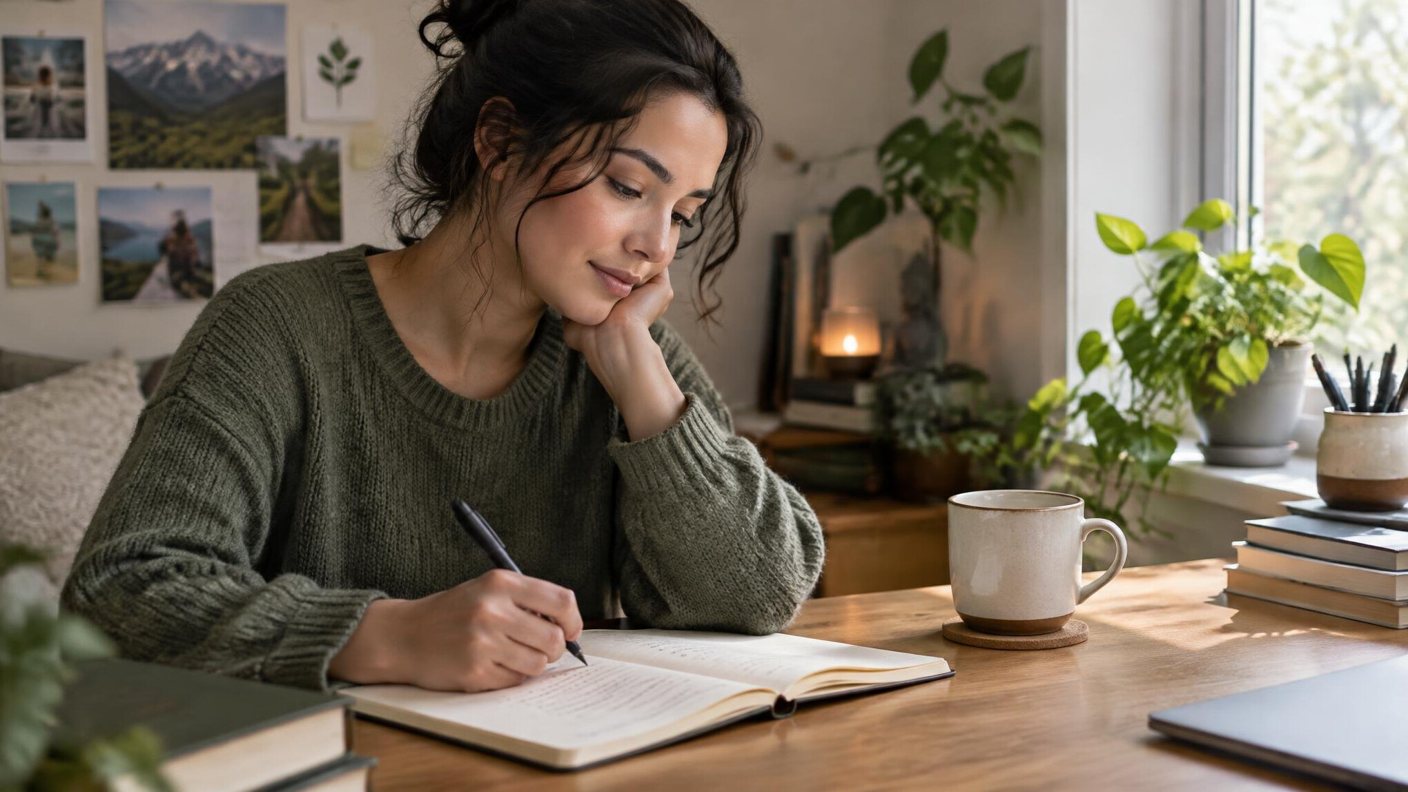woman writing notes in journal