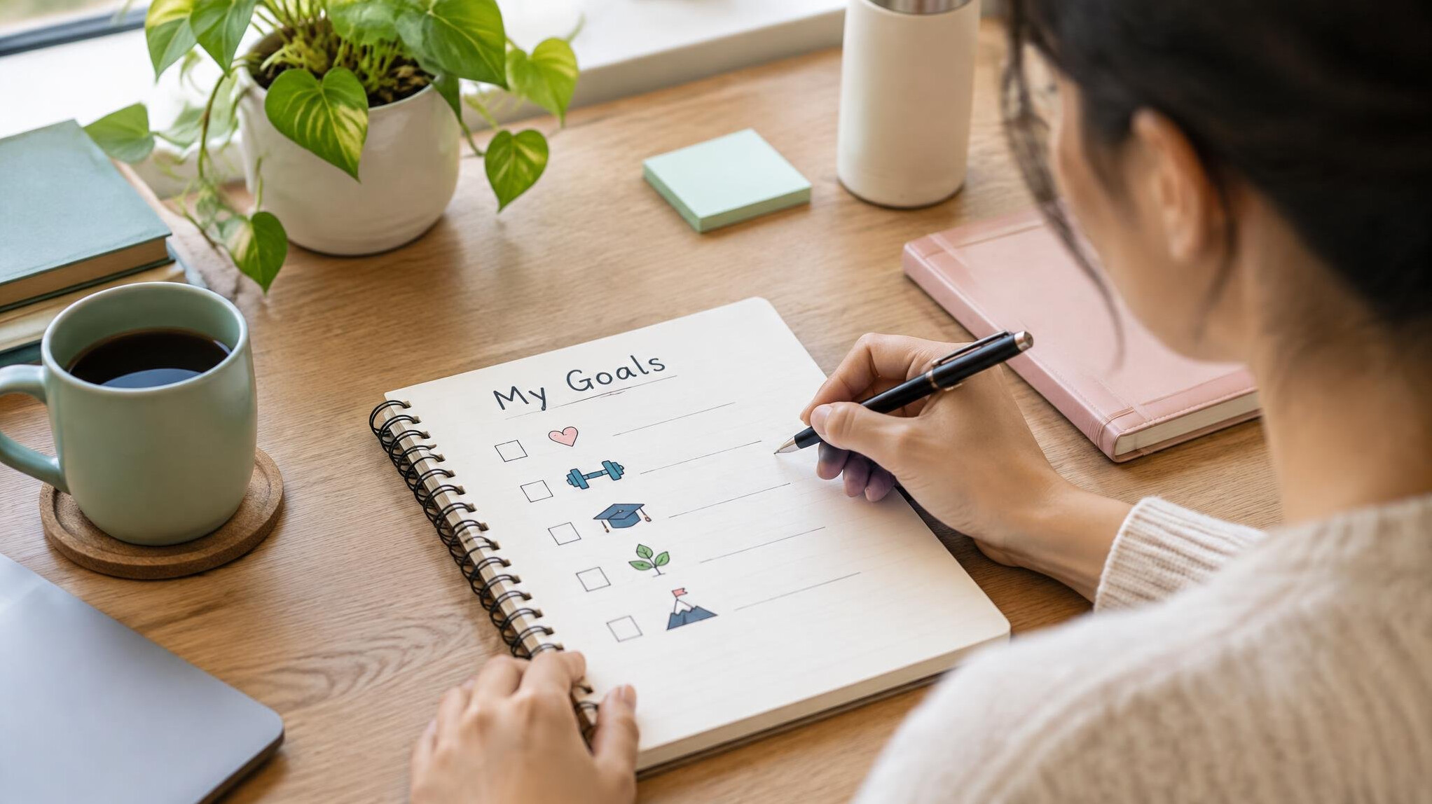 person writing goals in notebook