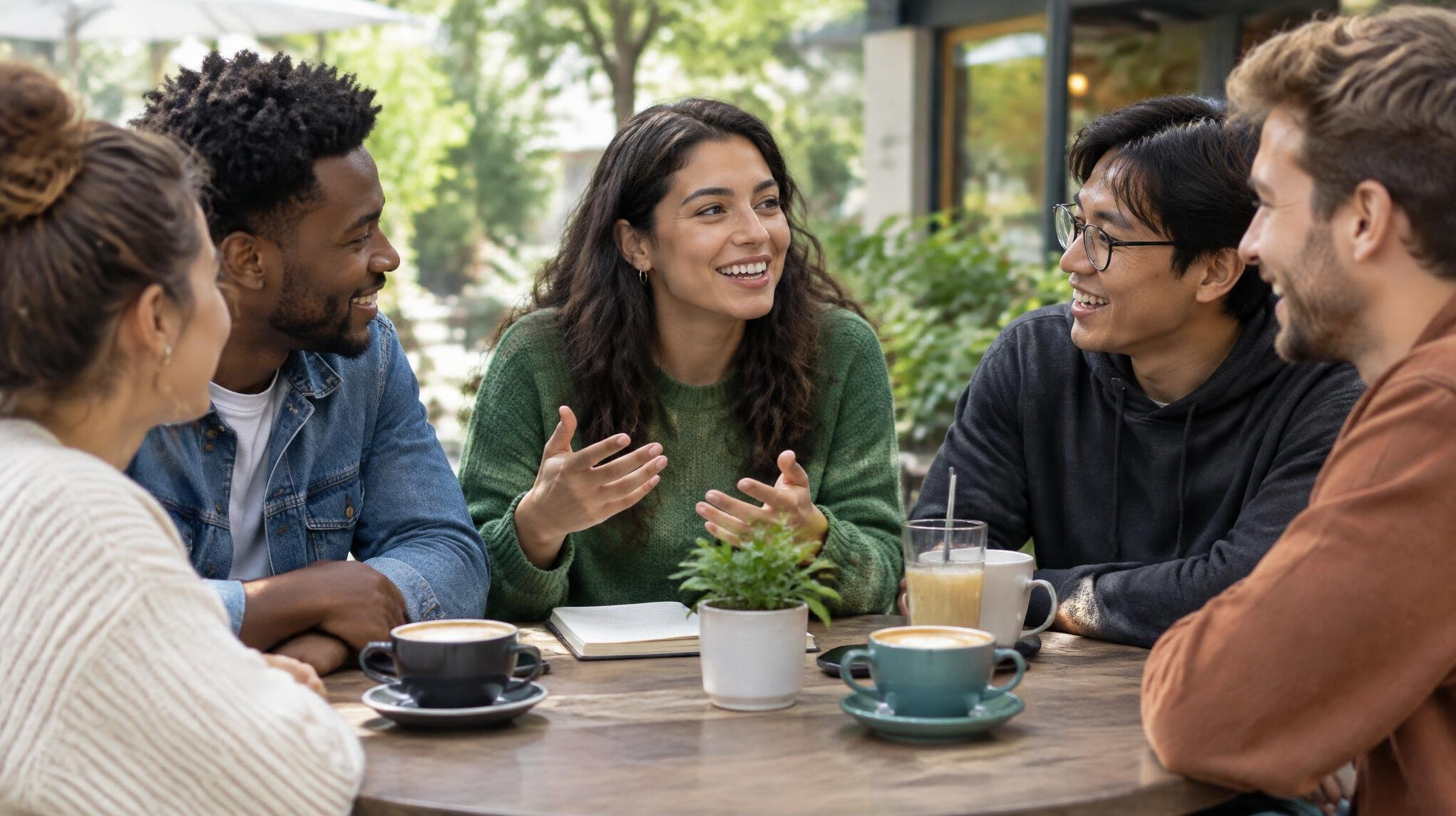 group of friends talking outdoors