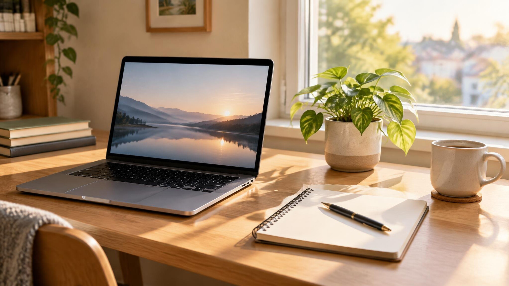 Laptop and notebook on a desk by the window